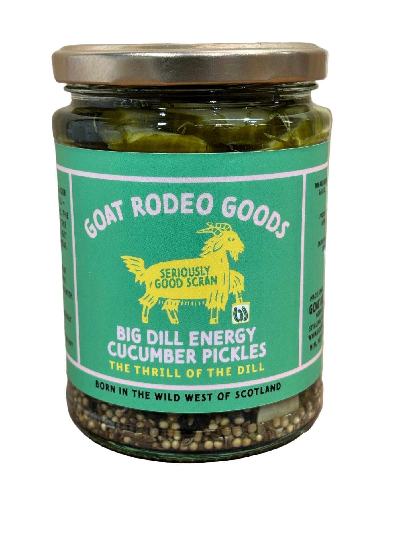 Jar of Big Dill Cucumber Pickles with a green label on a white background