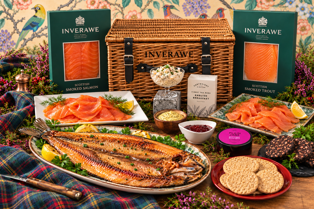 Inverawe Breakfast hamper with smoked salmon, trout, a whole smoked kipper and breakfast accompaniments, with INVERAWE stencilled directly onto the wicker against a light colourful bird-patterned backdrop.