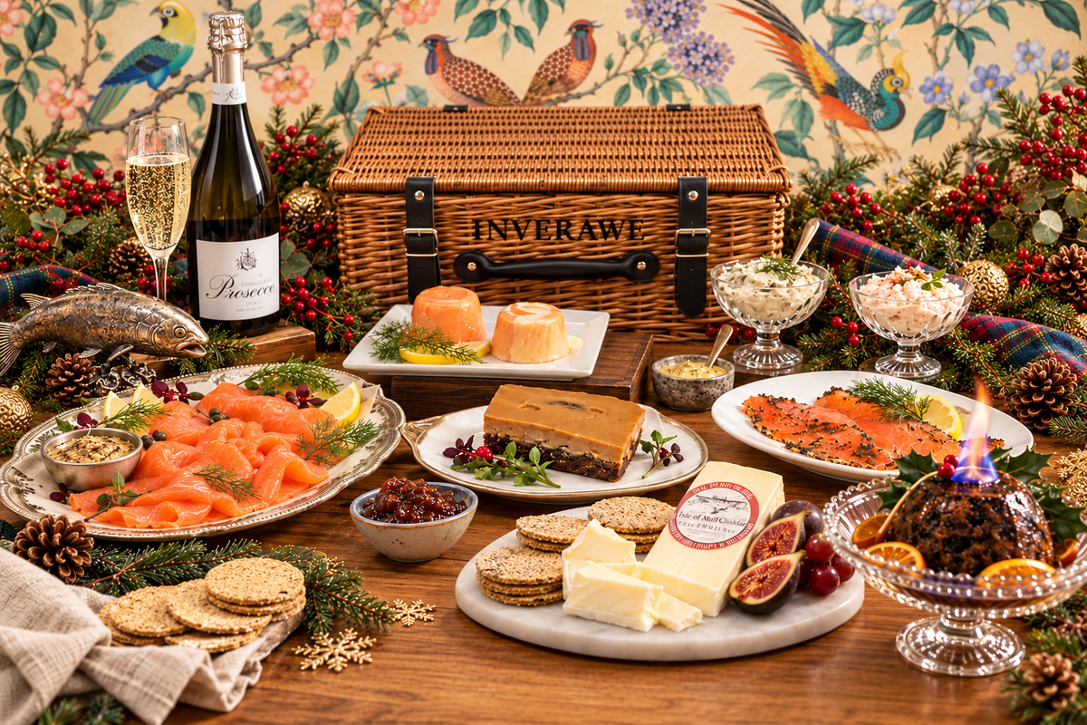 Isle of Colonsay Christmas hamper with Inverawe stencilled onto a wicker basket, displayed against a light bird-patterned backdrop with Christmas greenery.