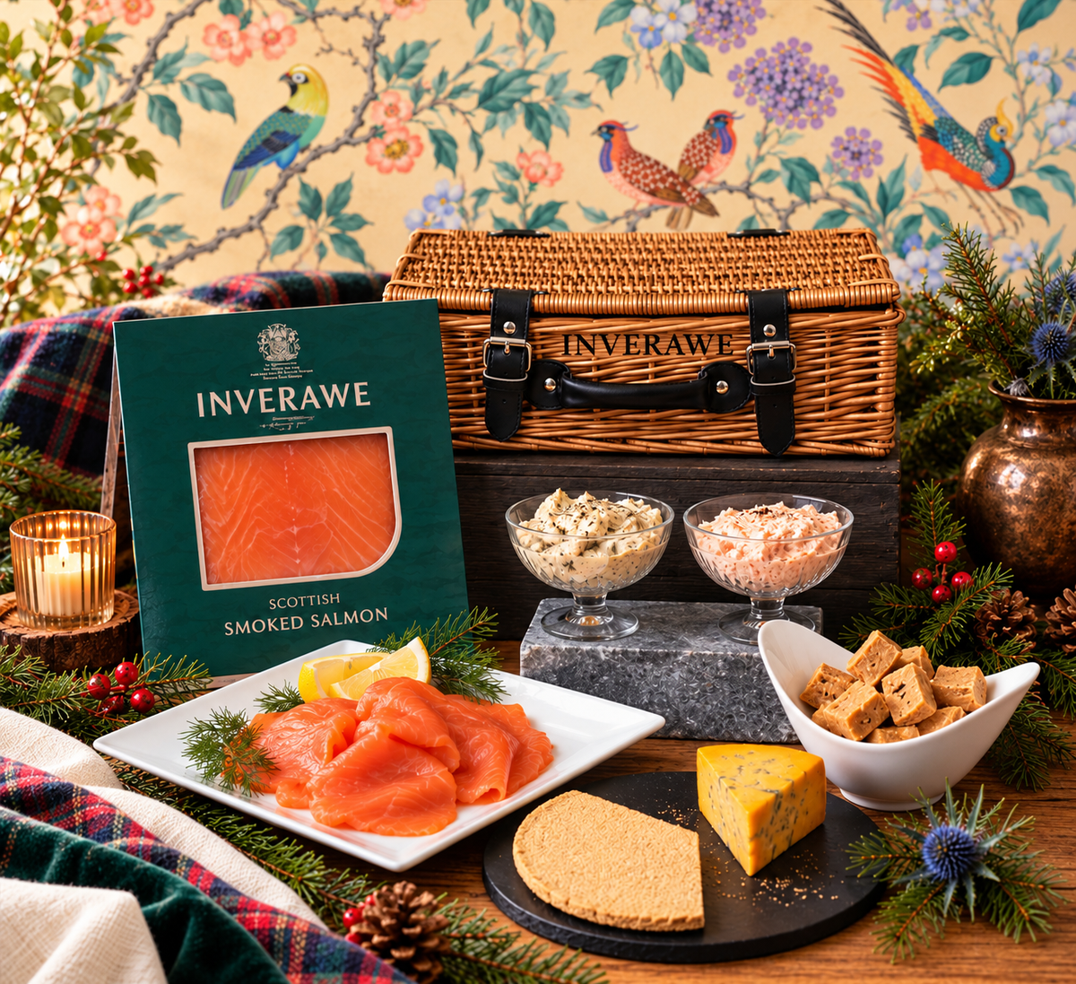 Tiree Christmas hamper with Inverawe stencilled onto a wicker basket, displayed against a light bird-patterned backdrop with Christmas greenery.