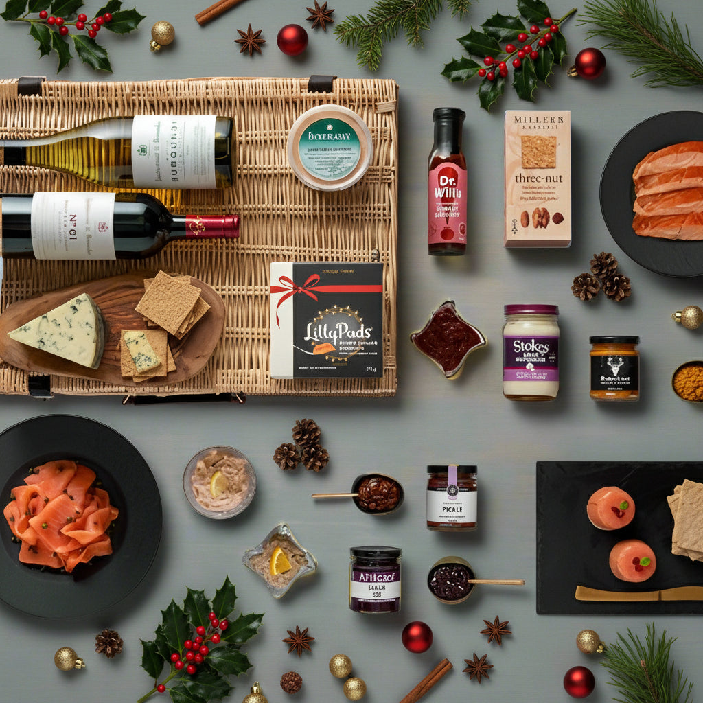 An assortment of gourmet food items spread out on a wicker hamper, including smoked salmon, oatcakes, ginger pudding, crackers, farmhouse cheese, mustard, poachers pickle, chicken pate, garlic mayonnaise, green olives, cocktail hour nuts, raspberry & Prosecco jam, smoked salmon pâté, smoked salmon timbales, white burgundy wine, and red Bordeaux wine.