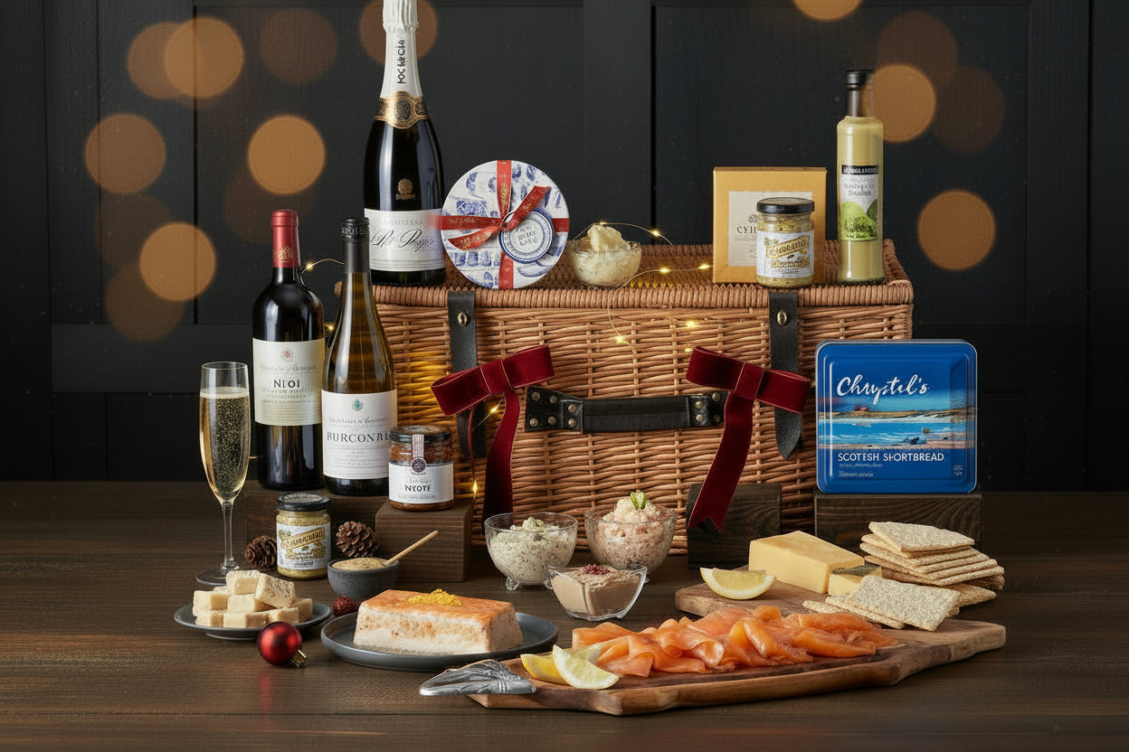 A luxurious hamper basket filled with an assortment of food items including smoked salmon, pâtes, mackerel, mussels, chicken breast, and cheeses, alongside beverages such as wine and champagne, and condiments like dill sauce and handmade chocolates.