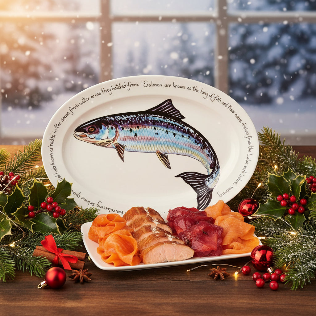 A ceramic platter with a salmon illustration, accompanied by an assortment of smoked fish items like salmon and gravadlax neatly arranged on it.