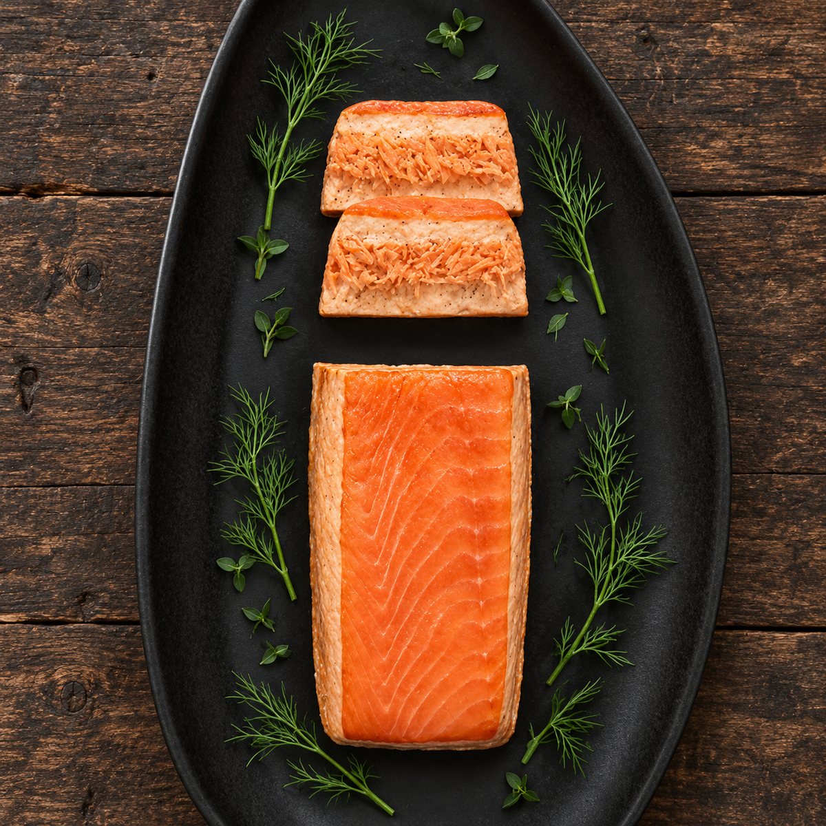 Roast smoked salmon cutlet shown whole and flaked on a black platter with dill