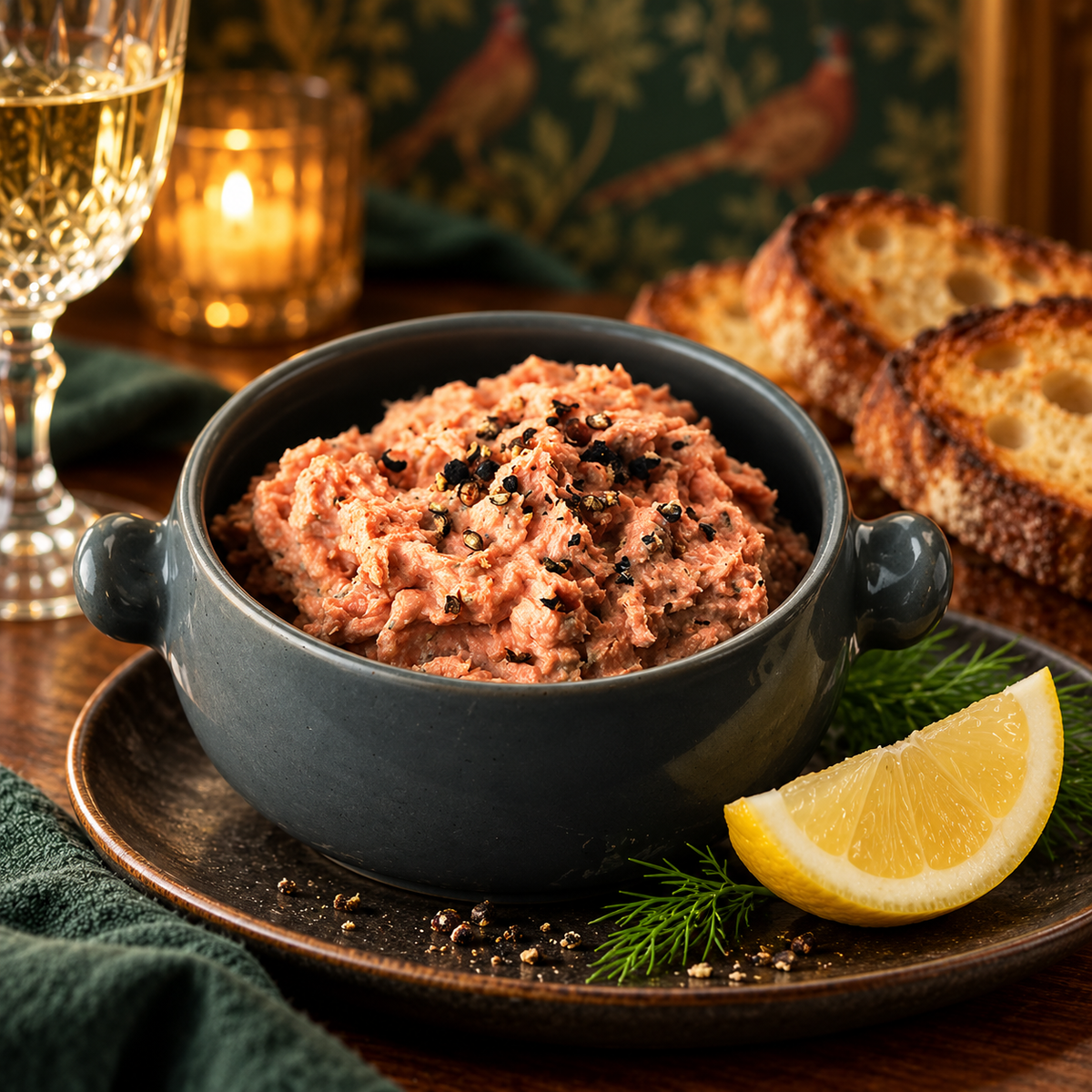 Roast smoked salmon pâté in a dark ceramic bowl with toast, lemon and white wine