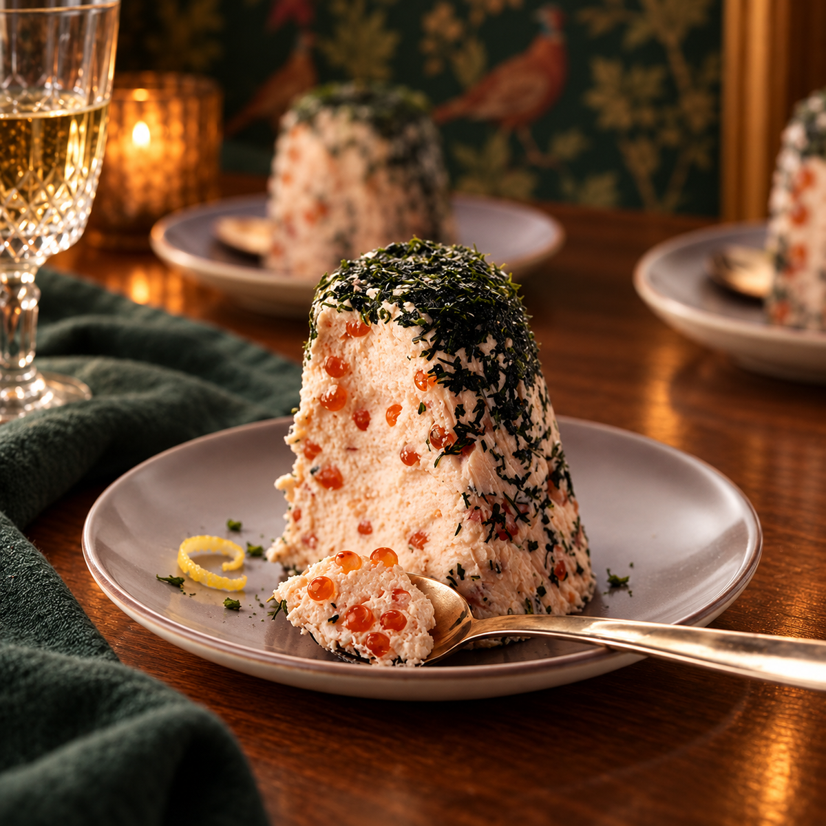 Salmon mousse with trout caviar and herbs in a warm heritage dining setting