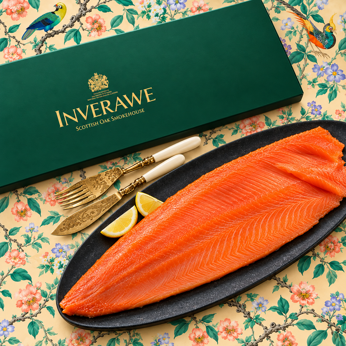 Inverawe whole side of smoked salmon presented with its green gift sleeve