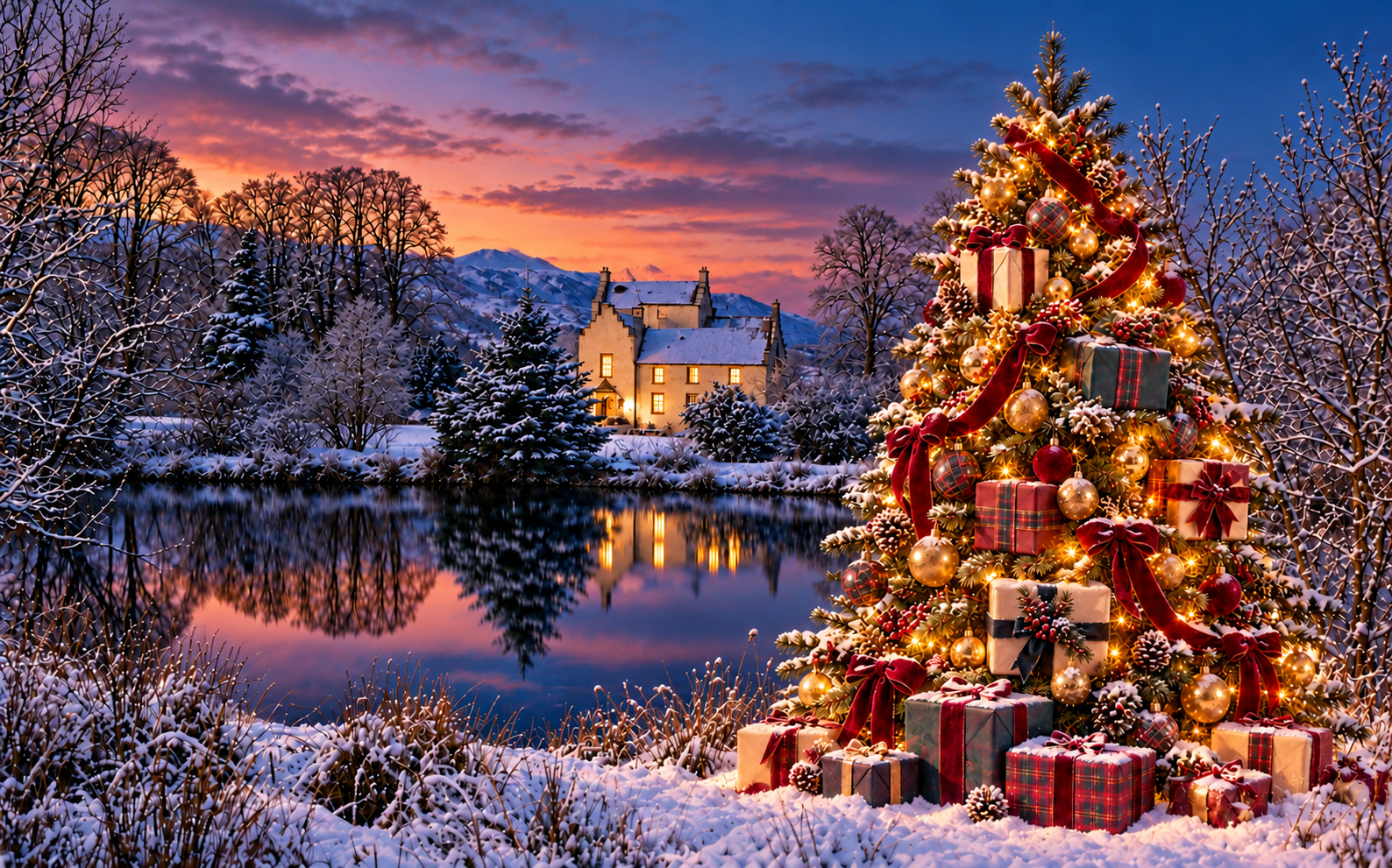 The Fairytale of Inverawe: a warmly lit house beside a snowy loch, imagined for Christmas