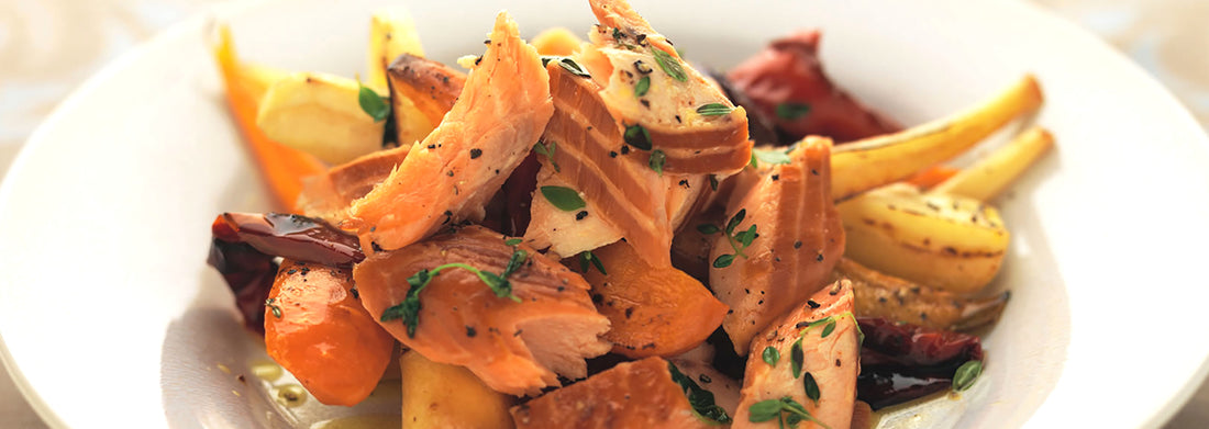 Roast Smoked Salmon and Roasted Winter Vegetables