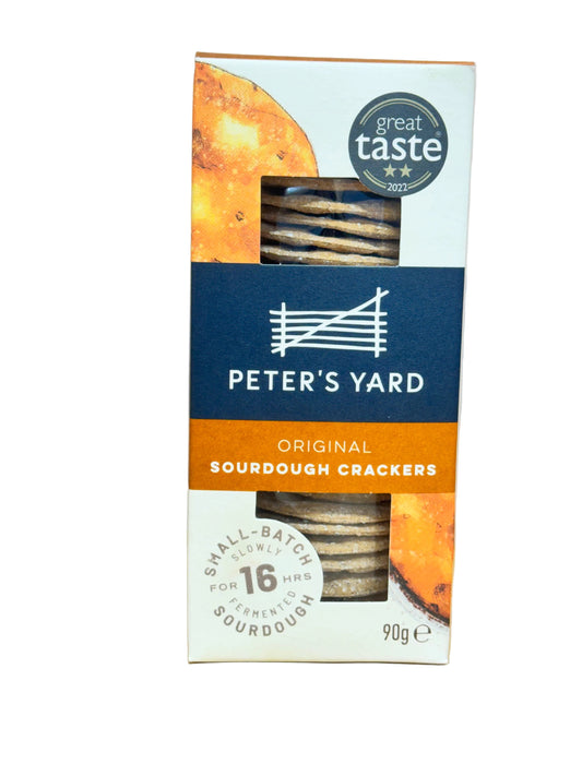 Box of Peter's Yard Original Sourdough Crackers with a 'Great Taste' award on a white background