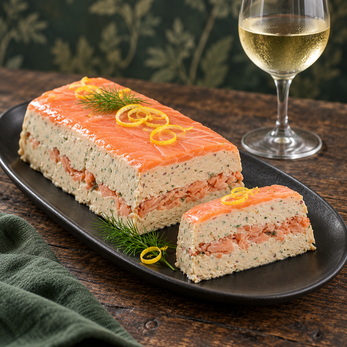 500g smoked salmon terrine with a cut slice, dill, lemon zest and a glass of white wine
