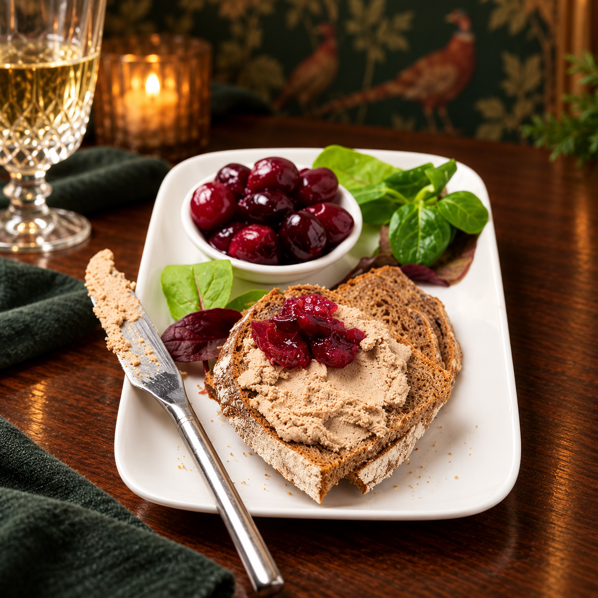 Duck liver parfait on rustic bread with berry preserve in a warm heritage dining setting