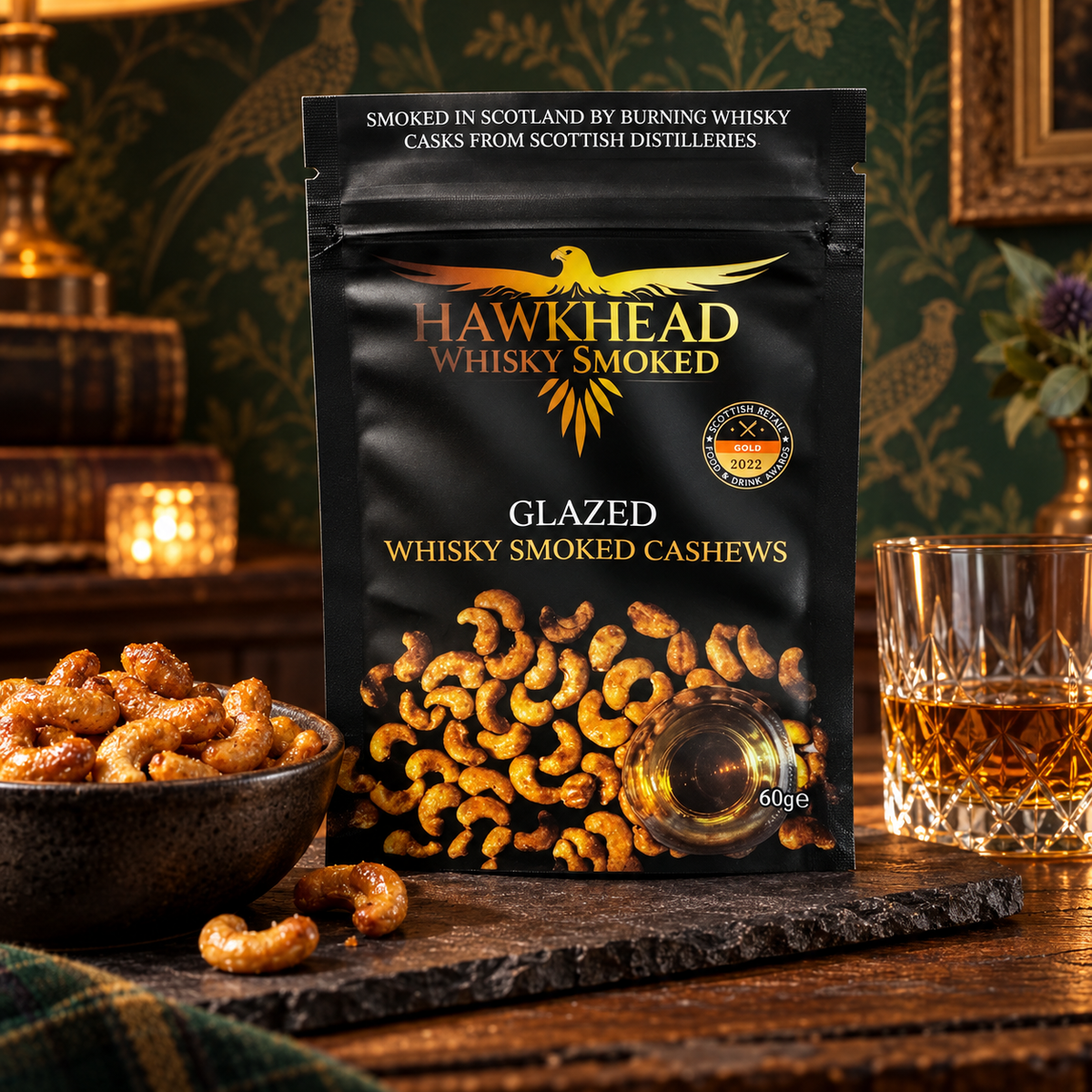 Hawkhead Whisky Smoked Cashews served with glazed cashews and whisky