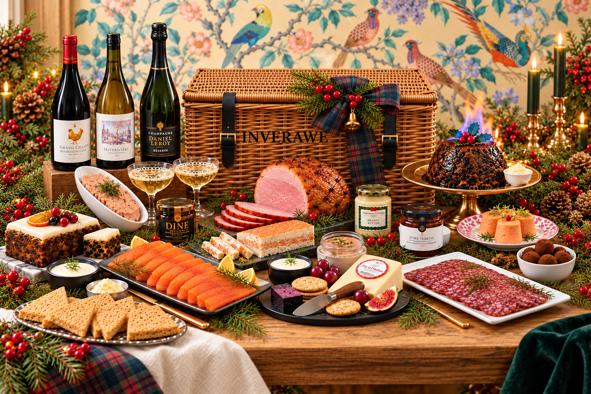 Argyll Christmas hamper with Inverawe stencilled onto a wicker basket, displayed against a light bird-patterned backdrop with Christmas greenery.