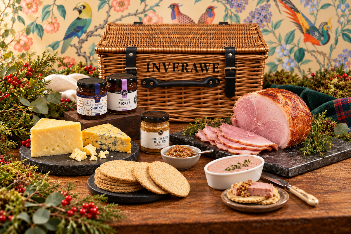 Ploughmans hamper with Inverawe stencilled onto a wicker basket, displayed against a light bird-patterned backdrop with Christmas greenery.
