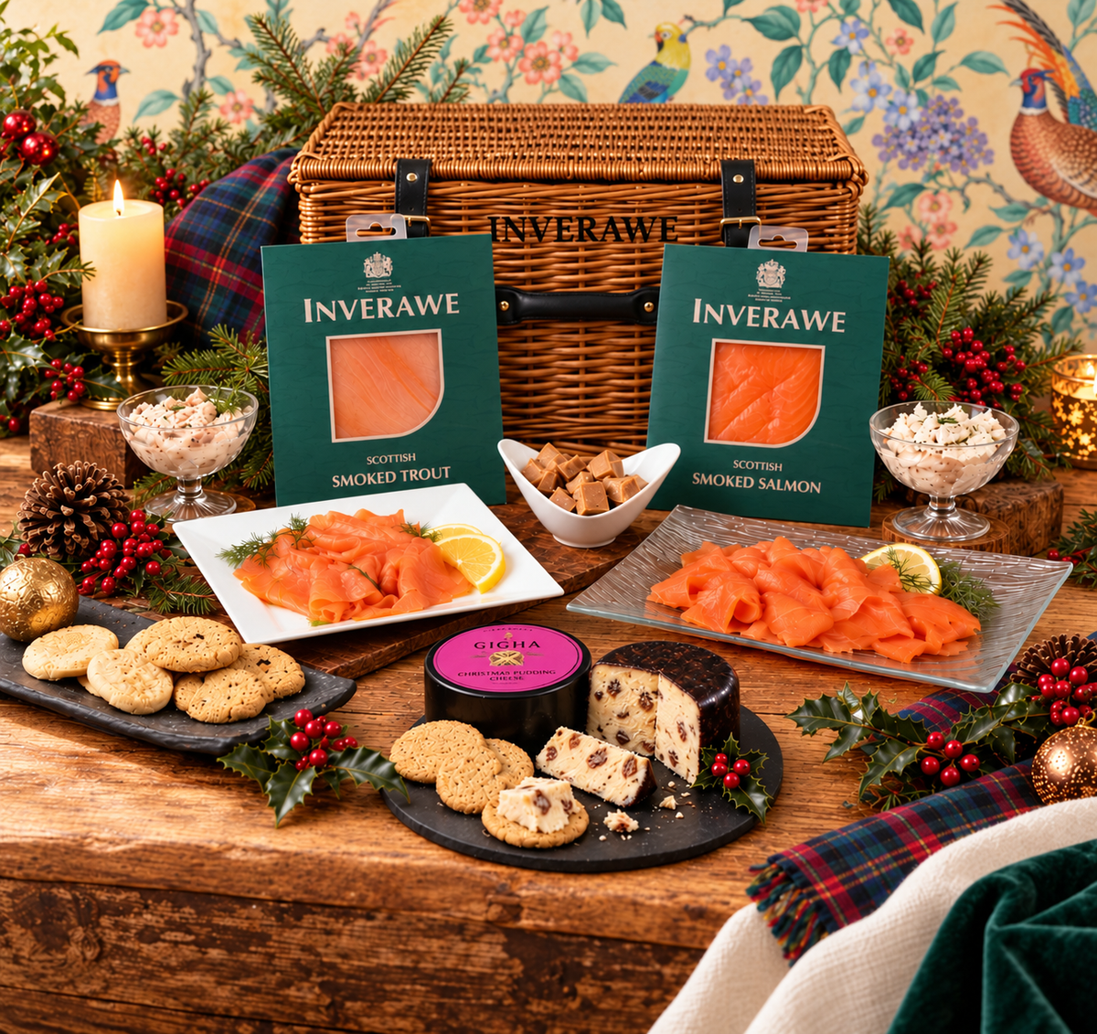 Scottish Christmas hamper with Inverawe stencilled onto a wicker basket, displayed against a light bird-patterned backdrop with Christmas greenery.