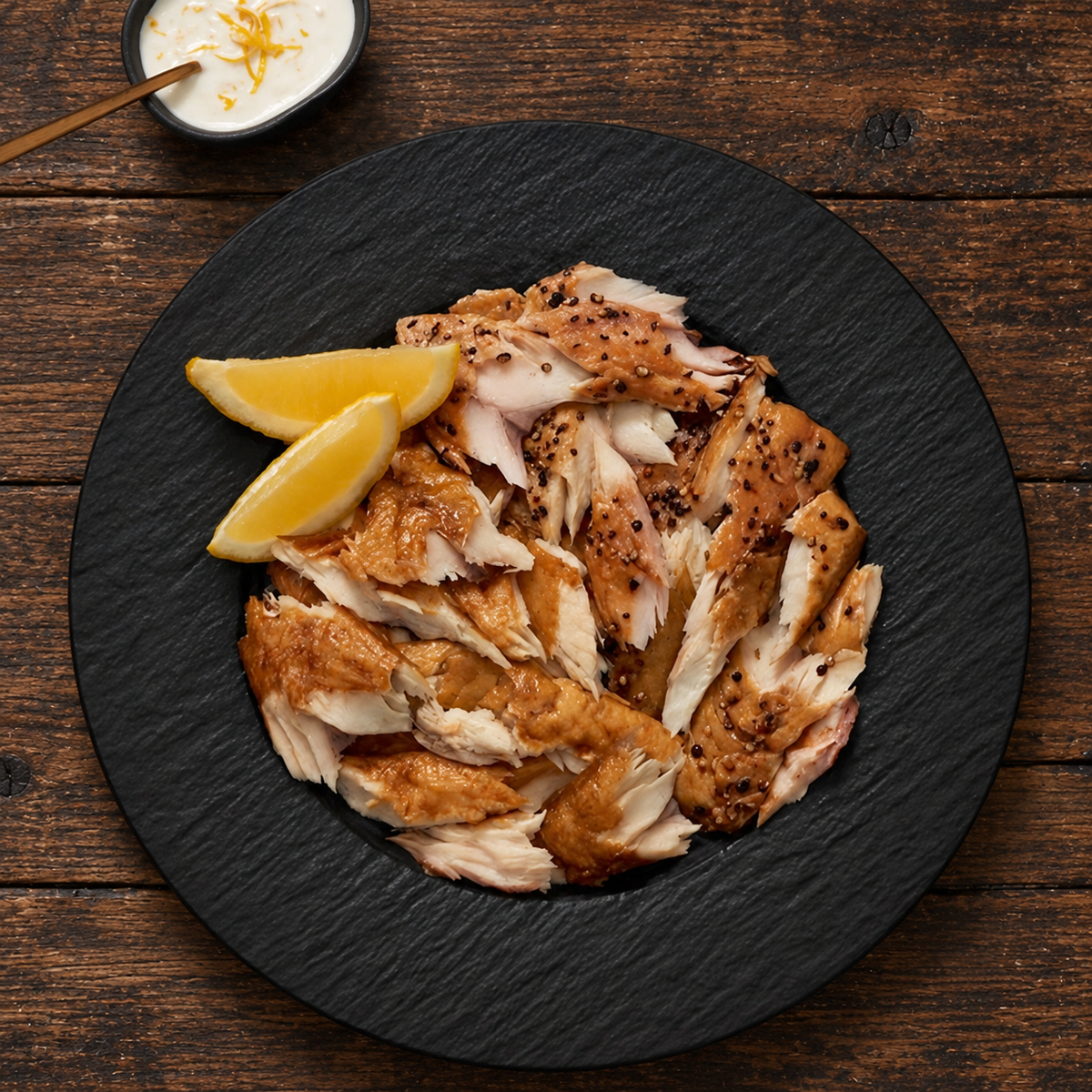 Peppered smoked mackerel fillets with lemon on a black plate over rustic wood