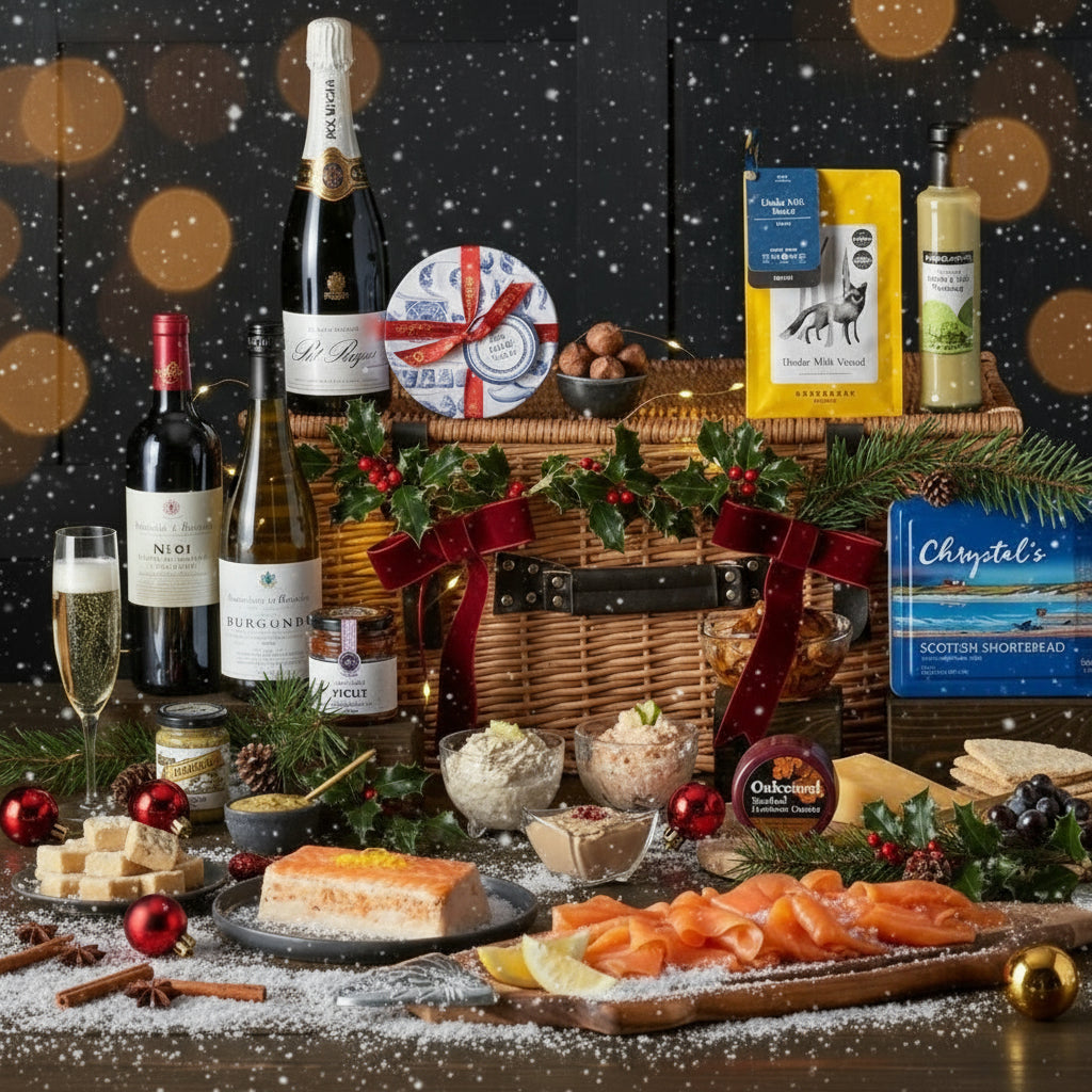 A luxurious hamper basket filled with an assortment of food items including smoked salmon, pâtes, mackerel, mussels, chicken breast, and cheeses, alongside beverages such as wine and champagne, and condiments like dill sauce and handmade chocolates.