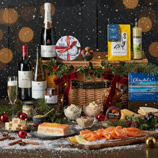 A luxurious hamper basket filled with an assortment of food items including smoked salmon, pâtes, mackerel, mussels, chicken breast, and cheeses, alongside beverages such as wine and champagne, and condiments like dill sauce and handmade chocolates.