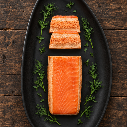 Roast smoked salmon cutlet shown whole and flaked on a black platter with dill