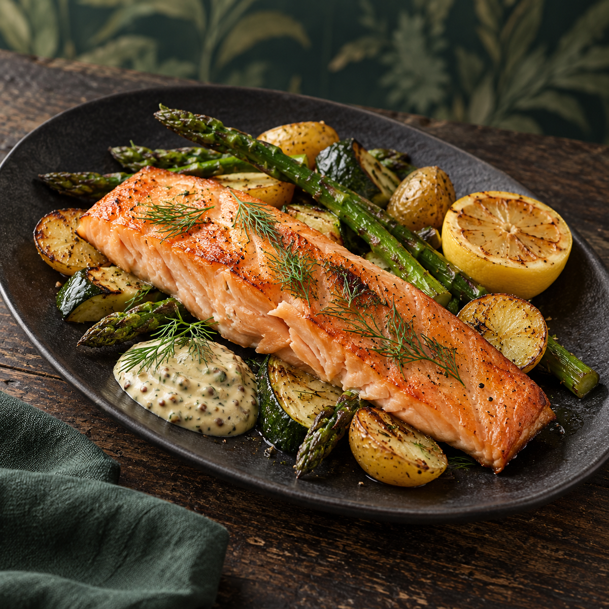 Roast smoked salmon cutlet served with asparagus, courgette, baby potatoes, mustard herb sauce and grilled lemon