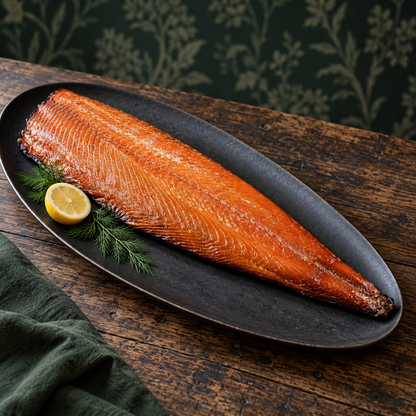 Whole roast smoked salmon trimmed side served on a black platter with dill and halved lemon