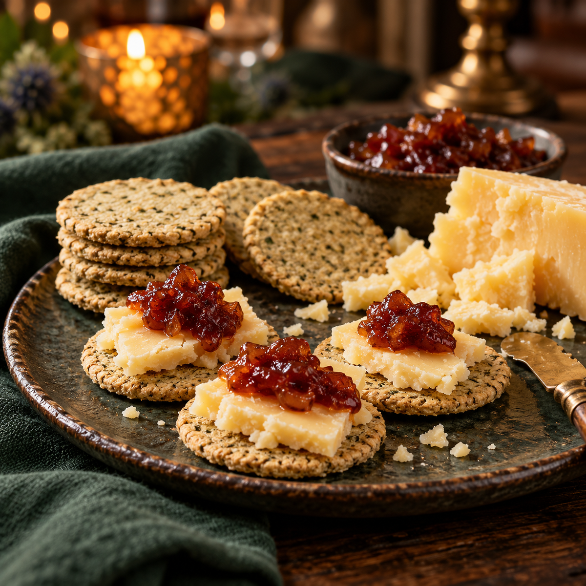 Seaweed cocktail oatcakes served with mature cheese and chutney
