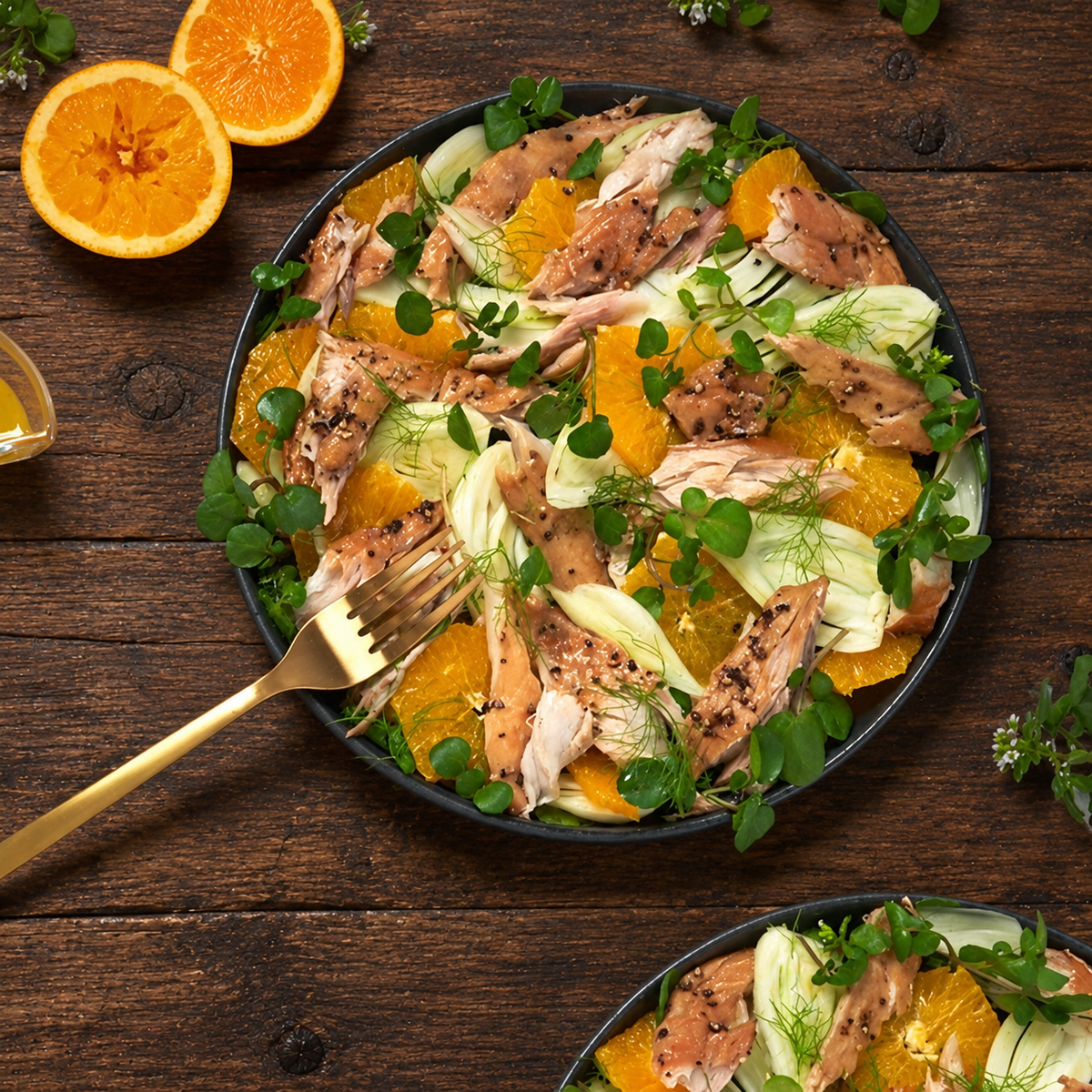 Smoked mackerel with fennel, orange and leaves on a rustic wooden table