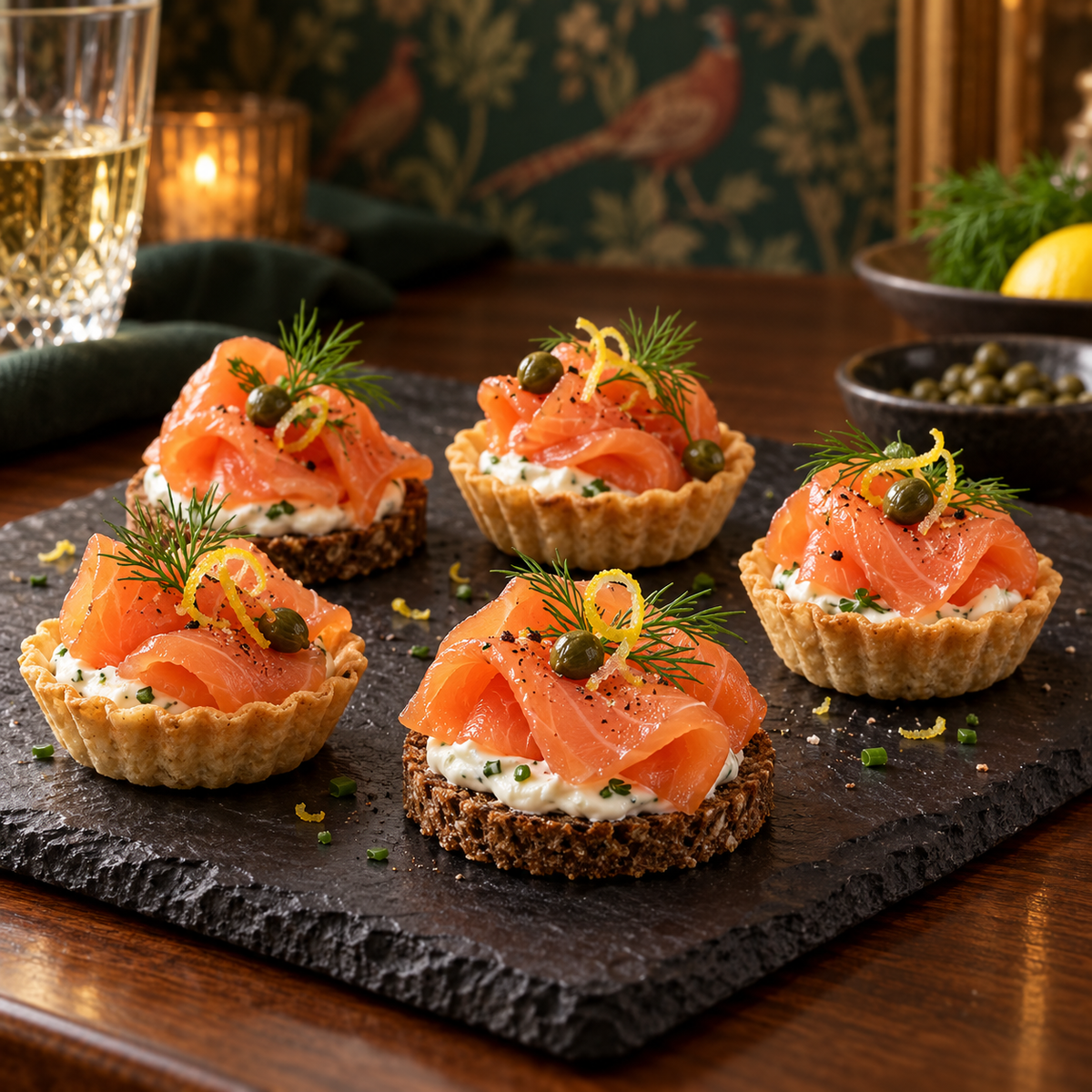 Smoked salmon canapés with crème fraîche, dill and capers