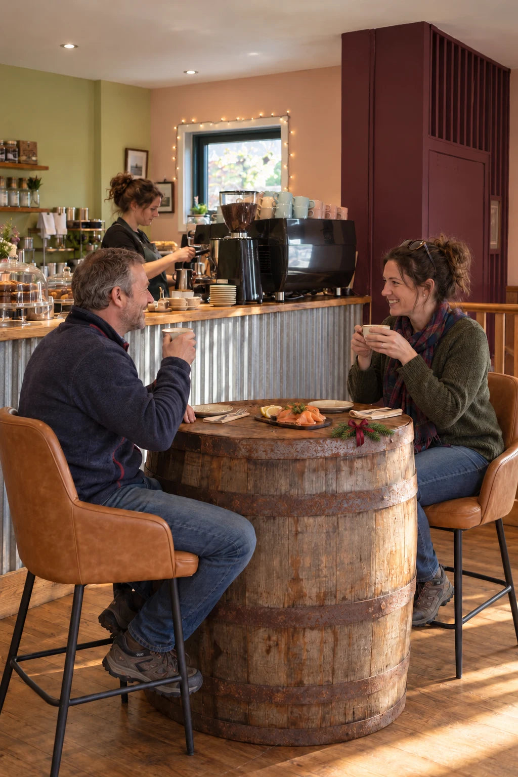 Two visitors enjoying coffee at the rustic barrel table, with a small evergreen sprig and warm Christmas lights.